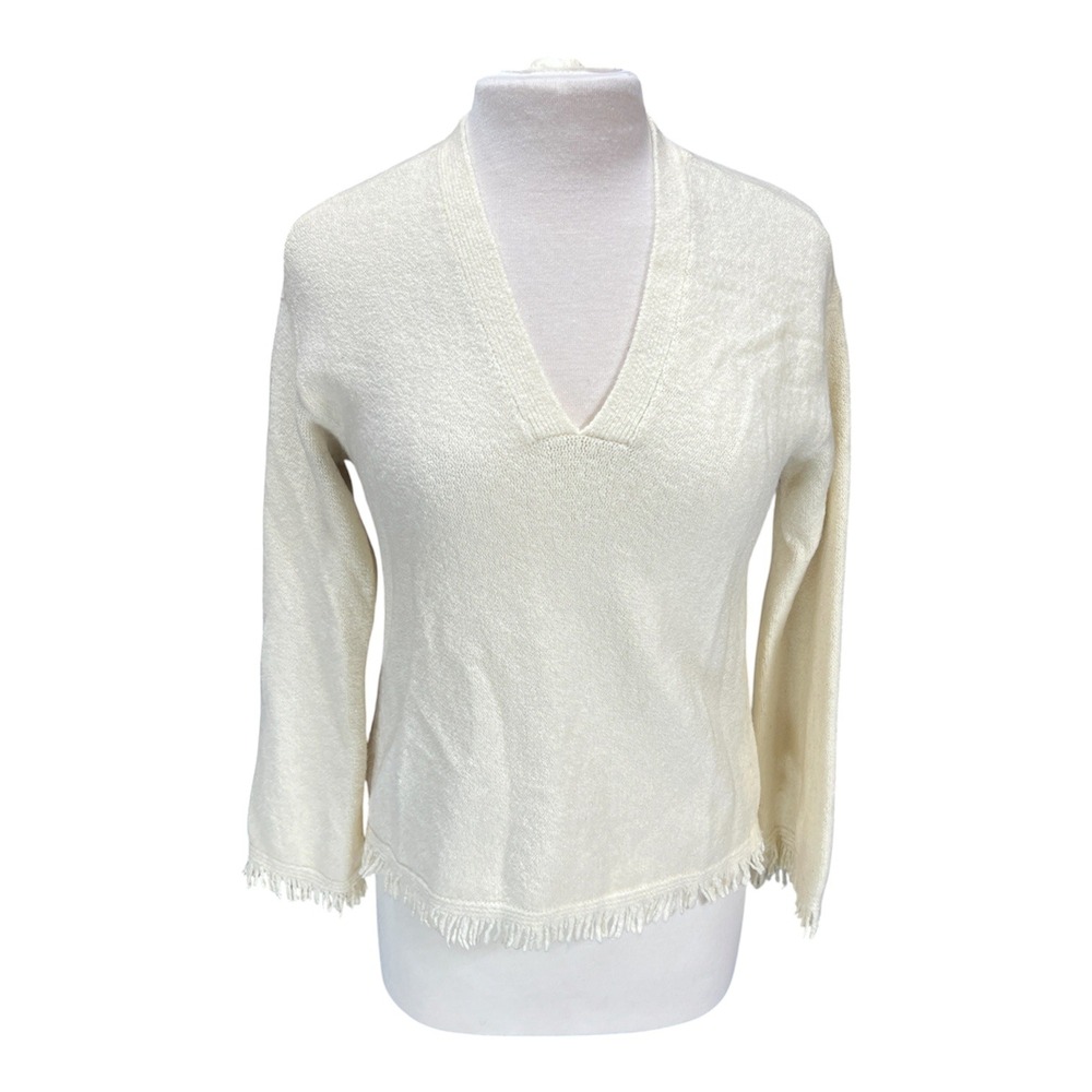 Anthropologie Cream Fringe V-Neck Wool Blend Sweater Small Long Sleeve Boho